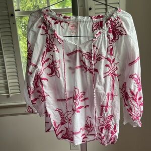 Nimo hand embroidered white blouse. Lightweight cotton voile w pink. Size M